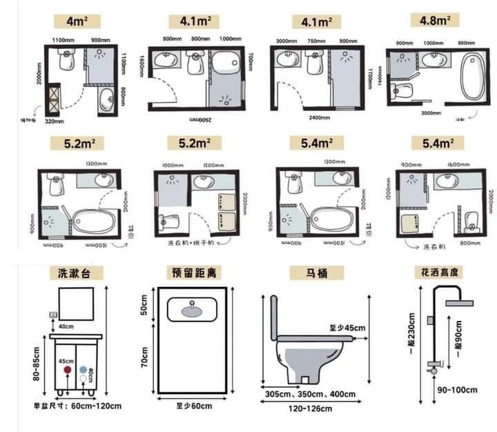Various Floor Plans for Bathrooms of Different Sizes